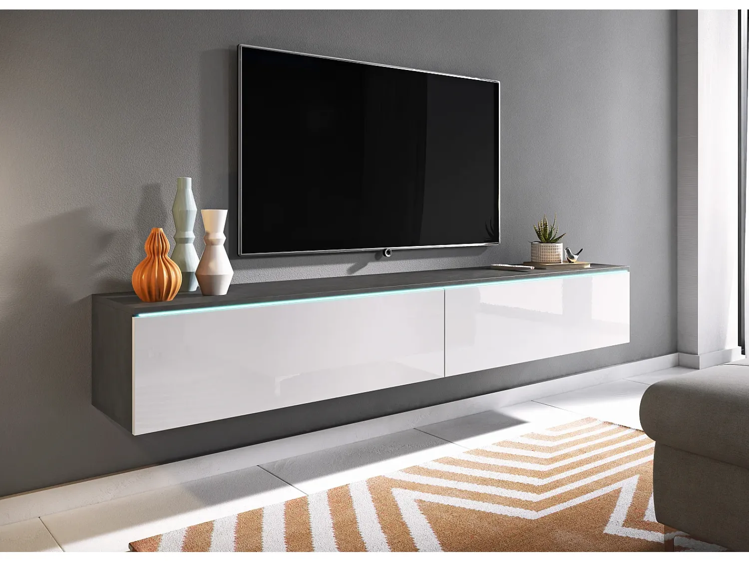Outlet Móvel de TV moderno 180 cm para sala com LED – 2 portas, sem puxadores, corpo antracite fosco, frentes branco brilho, de chão ou suspenso Cinza antracite