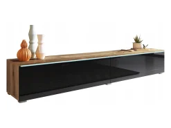 Móvel De Tv| Móvel de TV moderno 180 cm para sala com LED – 2 portas, sem puxadores, corpo carvalho wotan, frentes preto brilho, de chão ou suspenso Natural escuro