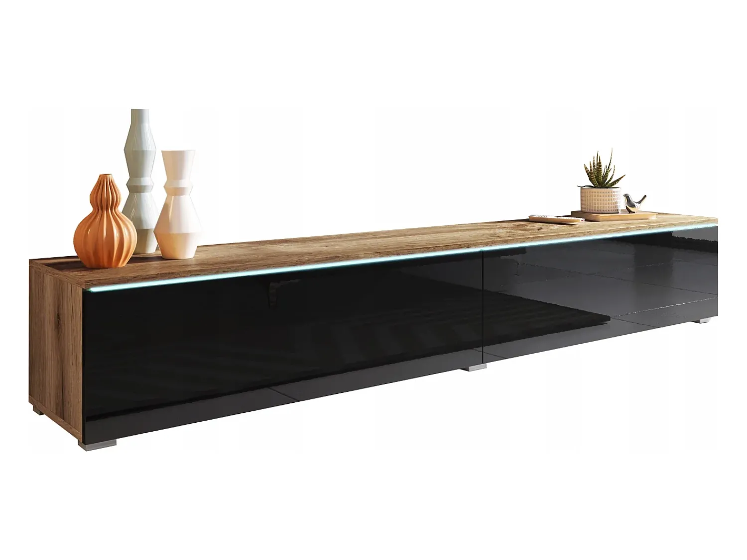 Móvel De Tv| Móvel de TV moderno 180 cm para sala com LED – 2 portas, sem puxadores, corpo carvalho wotan, frentes preto brilho, de chão ou suspenso Natural escuro