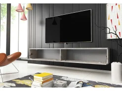 Móvel de TV moderno 180 cm para sala com LED – 2 portas, sem puxadores, betão fosco, de chão ou suspenso^ Móvel De Tv