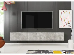Móvel de TV moderno 180 cm para sala com LED – 2 portas, sem puxadores, betão fosco, de chão ou suspenso^ Móvel De Tv