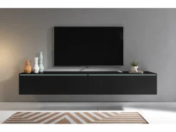 Móvel De Tv| Móvel de TV moderno 180 cm para sala com LED – 2 portas, sem puxadores, fosco, de chão ou suspenso Preto