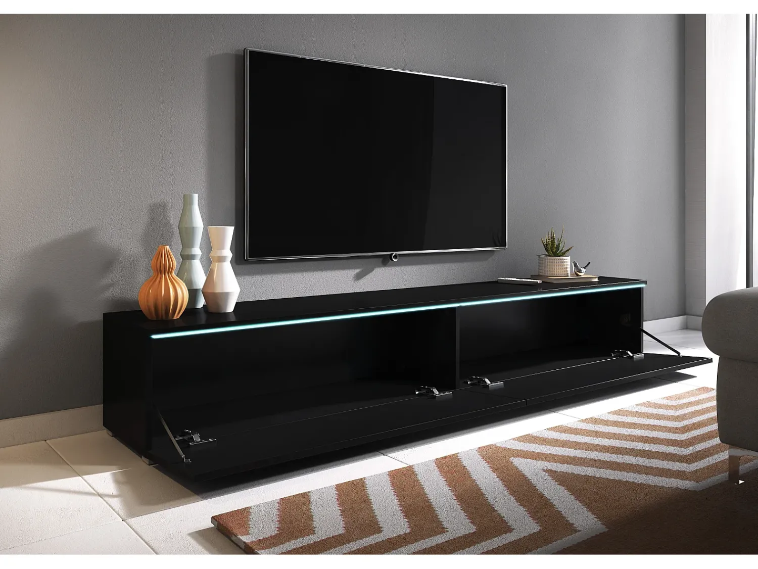 Móvel De Tv| Móvel de TV moderno 180 cm para sala com LED – 2 portas, sem puxadores, fosco, de chão ou suspenso Preto