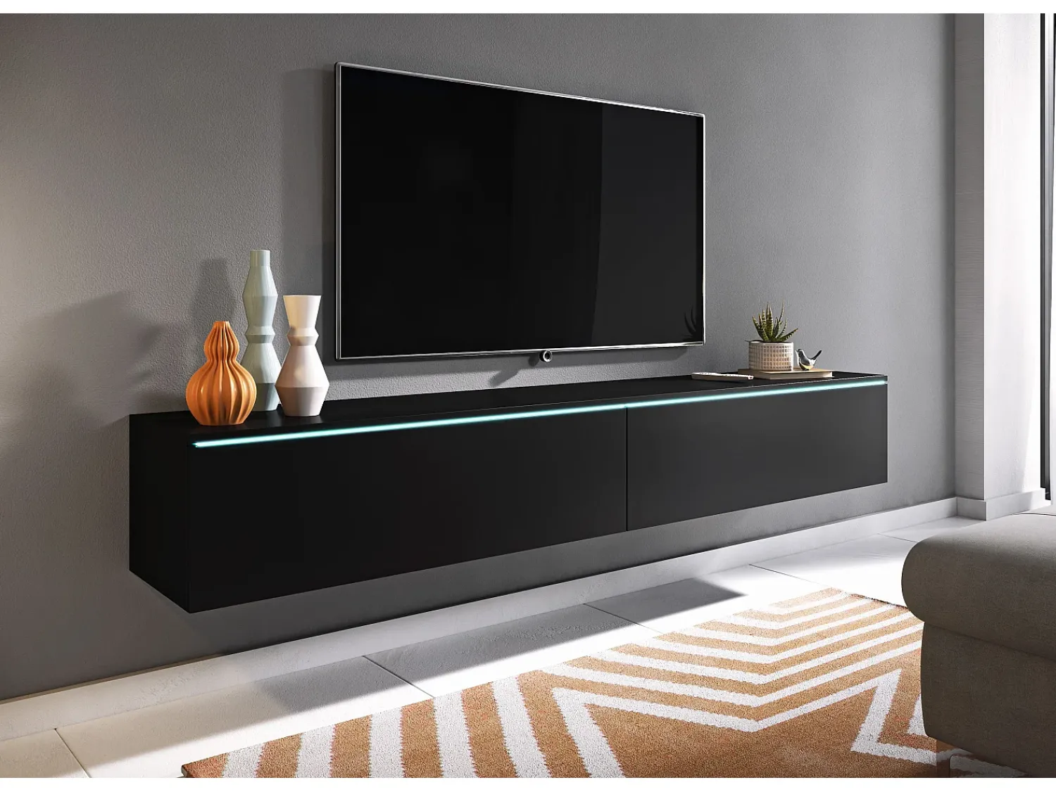 Móvel De Tv| Móvel de TV moderno 180 cm para sala com LED – 2 portas, sem puxadores, fosco, de chão ou suspenso Preto