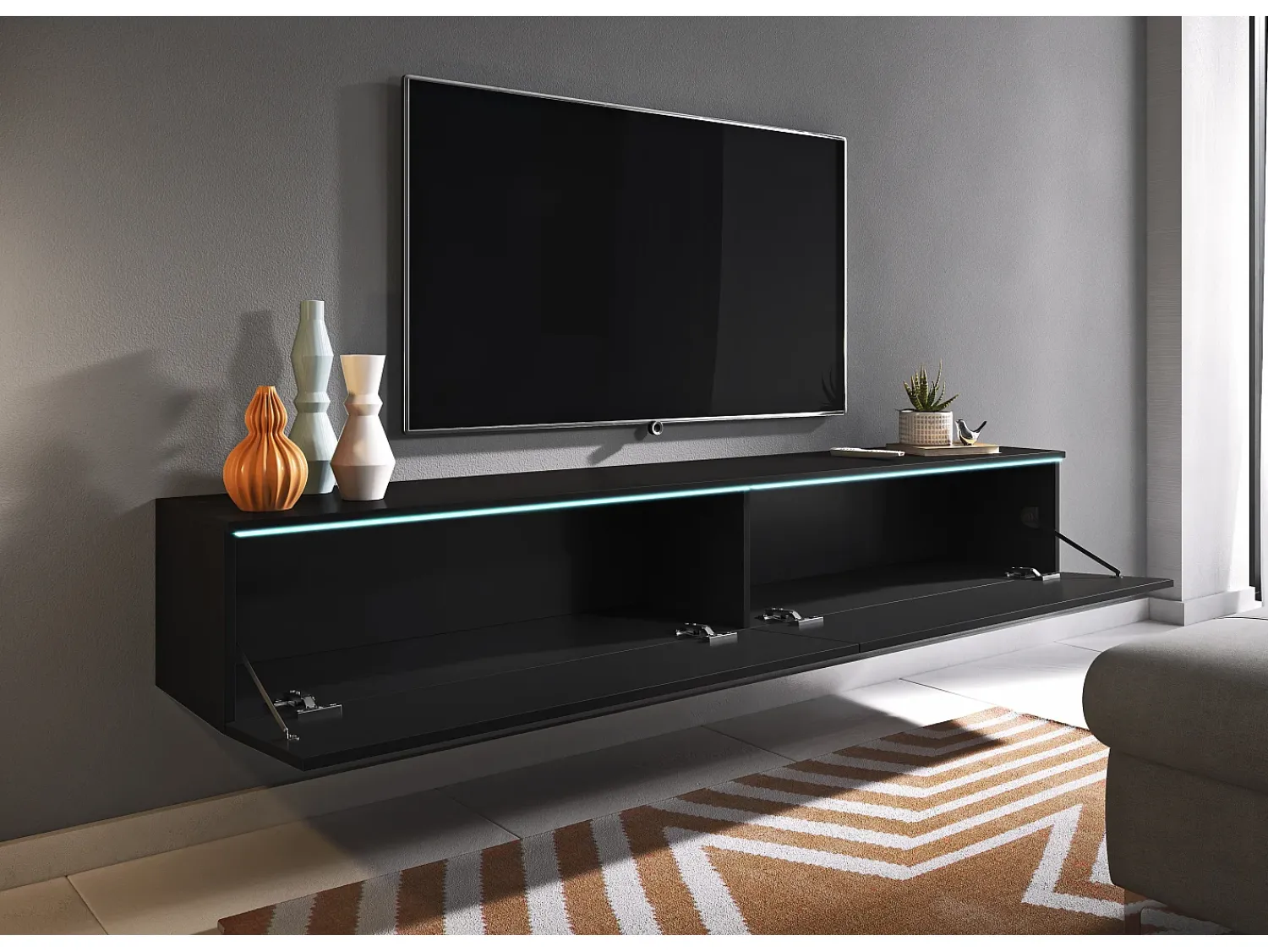 Móvel De Tv| Móvel de TV moderno 180 cm para sala com LED – 2 portas, sem puxadores, fosco, de chão ou suspenso Preto