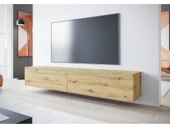 Móvel de TV moderno 180 cm para sala com LED – 2 portas, sem puxadores, carvalho artisan, de chão ou suspenso^ Móvel De Tv