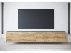 Móvel De Tv| Móvel de TV moderno 180 cm para sala com LED – 2 portas, sem puxadores, corpo antracite, frentes castanho fosco, de chão ou suspenso Multicor