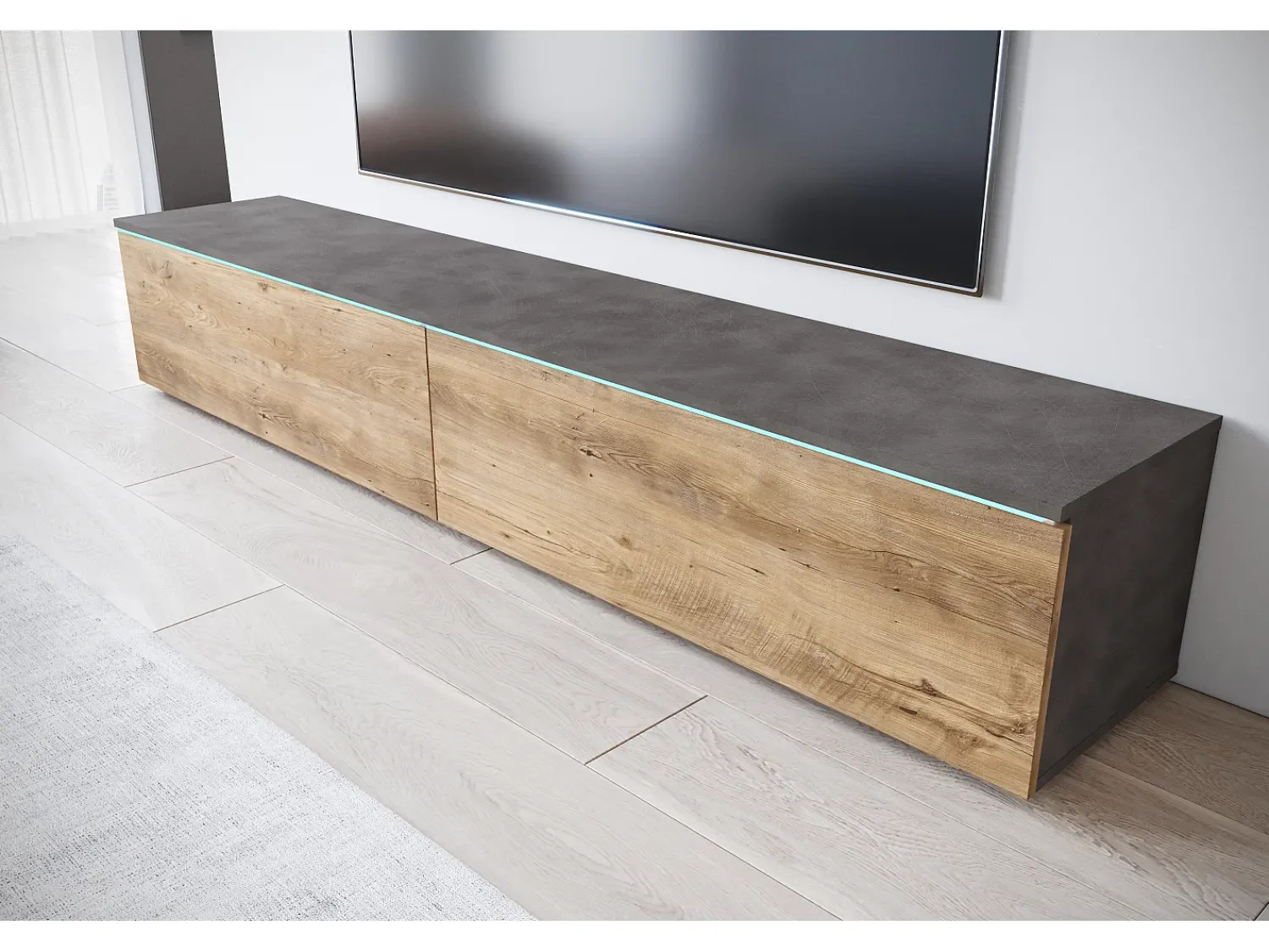 Móvel De Tv| Móvel de TV moderno 180 cm para sala com LED – 2 portas, sem puxadores, corpo antracite, frentes castanho fosco, de chão ou suspenso Multicor