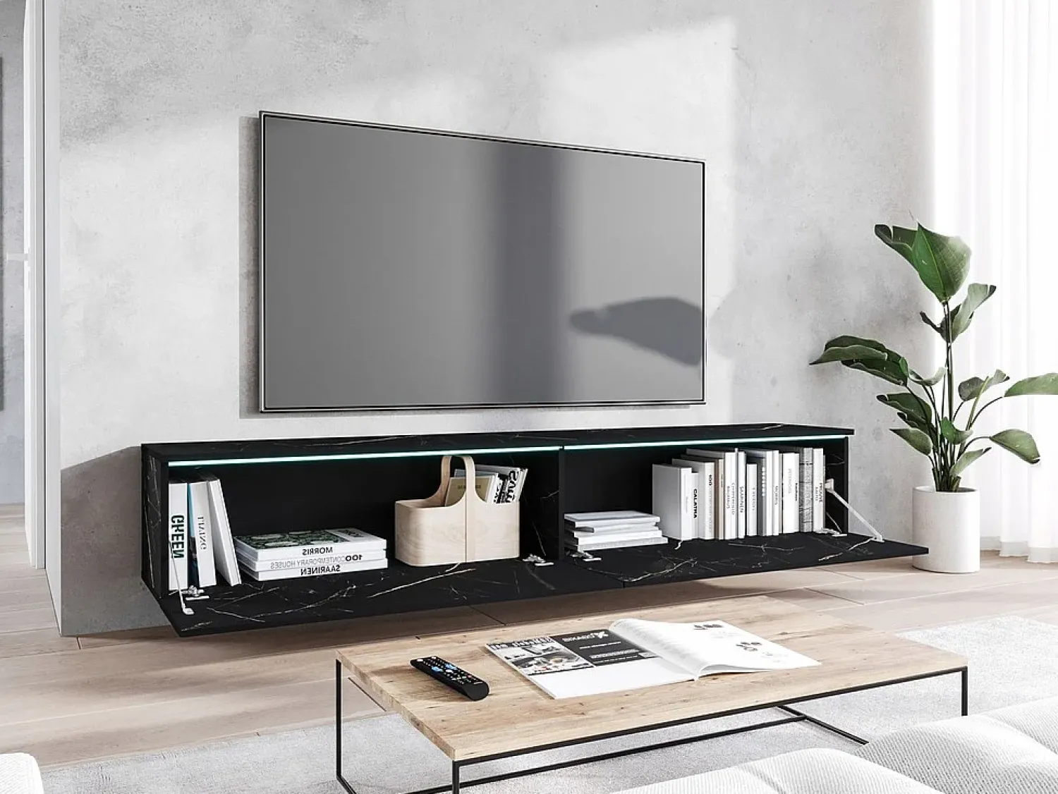 Clearance Móvel de TV moderno 180 cm para sala com LED – 2 portas, sem puxadores, mármore fosco, de chão ou suspenso Multicor