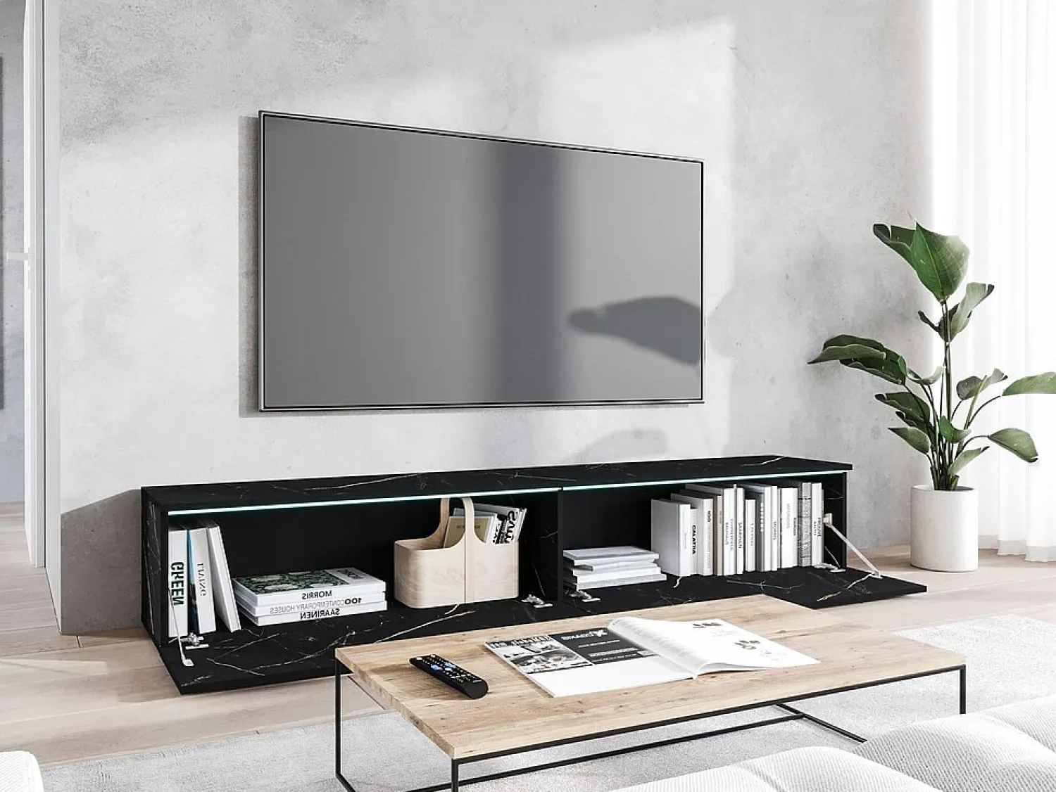 Clearance Móvel de TV moderno 180 cm para sala com LED – 2 portas, sem puxadores, mármore fosco, de chão ou suspenso Multicor