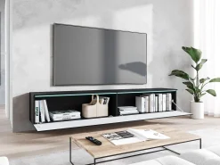 Móvel de TV moderno 180 cm para sala – sem puxadores, acabamento mate, de chão ou suspenso, corpo mate / frentes em MDF espinha de peixe carvalho wotan^ Móvel De Tv