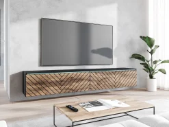 Móvel de TV moderno 180 cm para sala – sem puxadores, acabamento mate, de chão ou suspenso, corpo mate / frentes em MDF espinha de peixe carvalho wotan^ Móvel De Tv