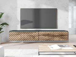 Móvel de TV moderno 180 cm para sala – sem puxadores, acabamento mate, de chão ou suspenso, corpo mate / frentes em MDF espinha de peixe carvalho wotan^ Móvel De Tv