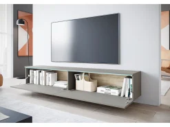 Móvel De Tv* Móvel de TV moderno 180 cm para sala com LED – 2 portas, sem puxadores, cinza paládio fosco, de chão ou suspenso Cinzento claro