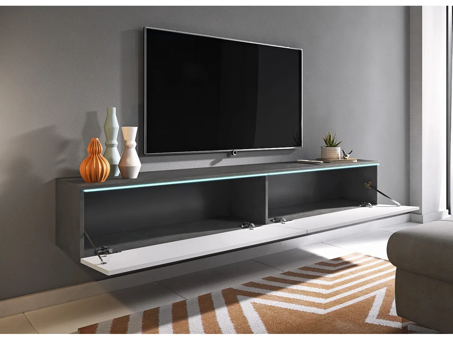 Sale Móvel de TV moderno 180 cm para sala – 2 portas, sem puxadores, mate + brilho, de chão ou suspenso, matera / branco brilho Cinza antracite / Branco