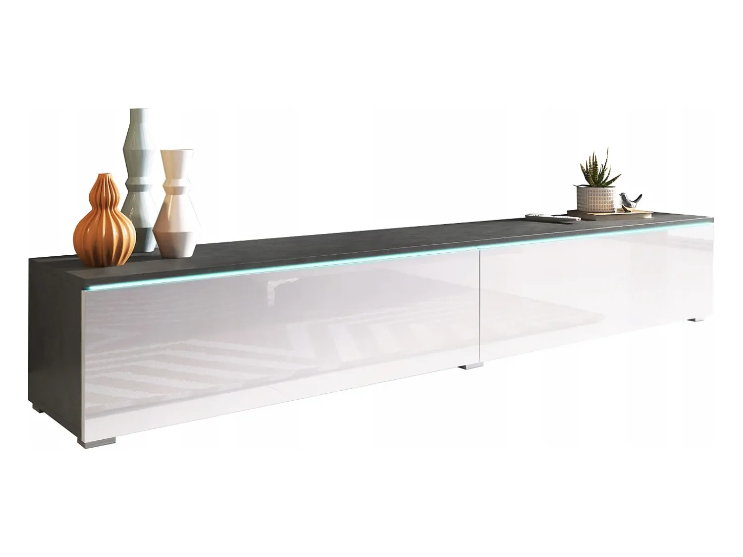 Sale Móvel de TV moderno 180 cm para sala – 2 portas, sem puxadores, mate + brilho, de chão ou suspenso, matera / branco brilho Cinza antracite / Branco