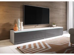Móvel De Tv| Móvel de TV moderno 180 cm para sala com LED – 2 portas, sem puxadores, corpo fosco, frentes cinza brilho, de chão ou suspenso Branco