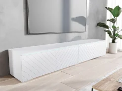 Móvel de TV moderno 180 cm para sala – 2 portas sem puxadores, acabamento mate, de chão ou suspenso, frentes em MDF espinha de peixe mate^ Móvel De Tv