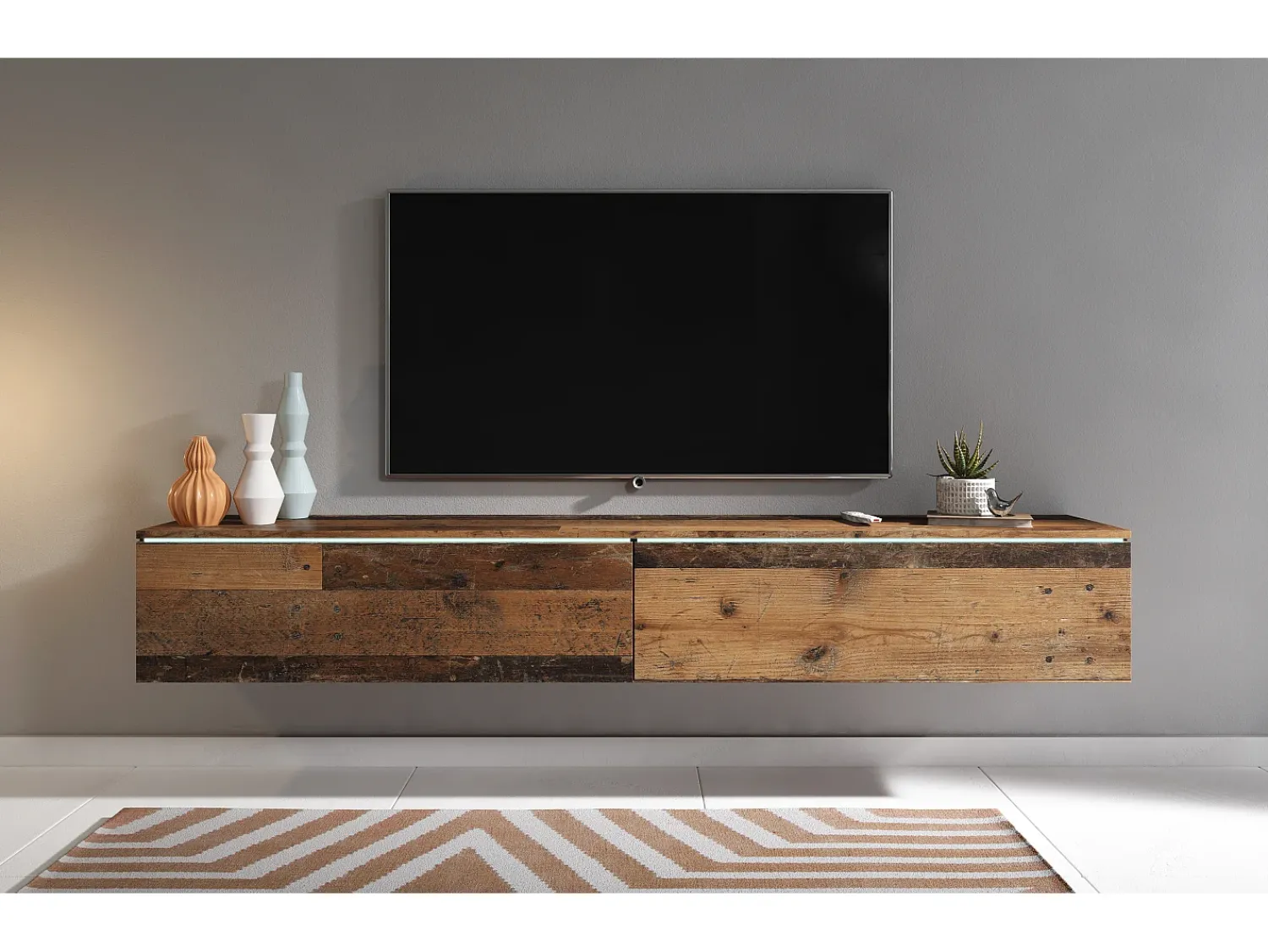 Móvel De Tv| Móvel de TV moderno 180 cm para sala – 2 portas, sem puxadores, acabamento mate, de chão ou suspenso, estilo vintage Castanho