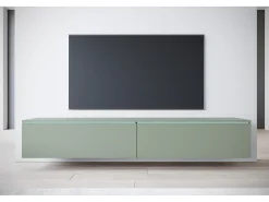 Móvel De Tv* Móvel de TV moderno 180 cm para sala – 2 portas, sem puxadores, acabamento mate, de chão ou suspenso, verde névoa Verde claro