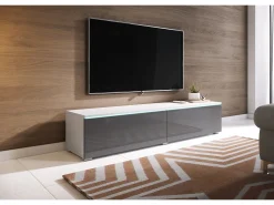 Móvel De Tv* Móvel de TV moderno 140 cm para sala – 2 portas, sem puxadores, corpo mate, frentes cinza brilho, de chão ou suspenso Branco