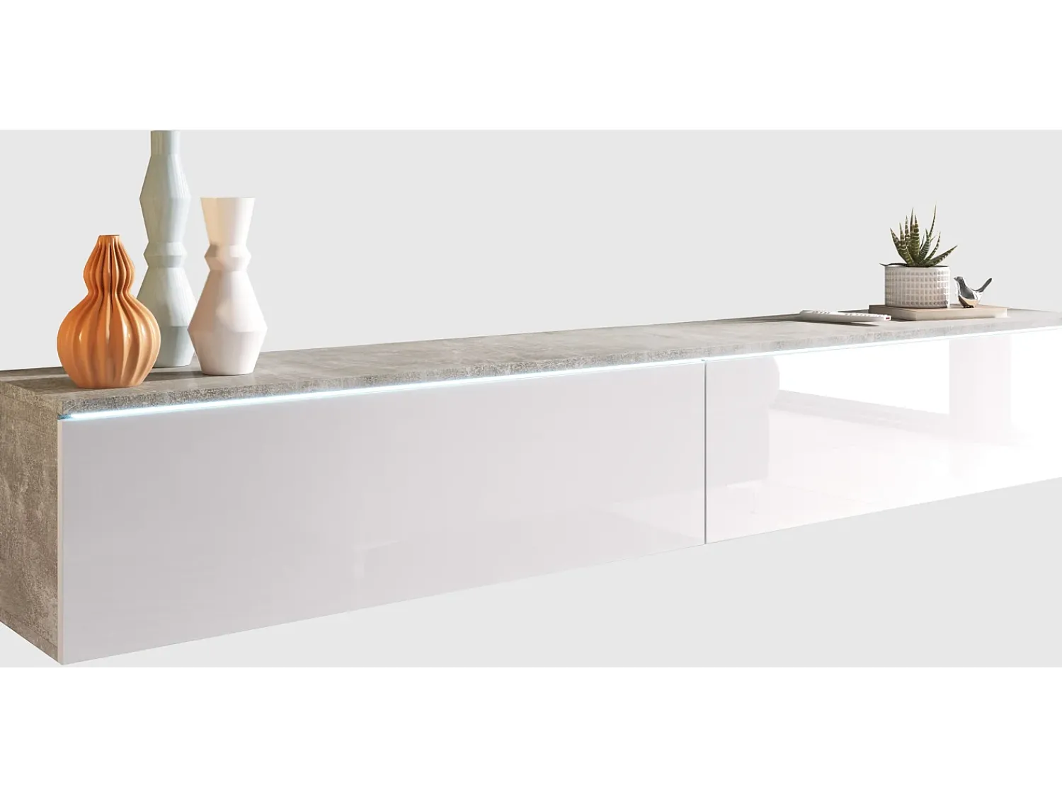 Móvel de TV moderno 180 cm para sala – 2 portas, sem puxadores, mate + brilho, de chão ou suspenso, betão smart / branco brilho^ Móvel De Tv