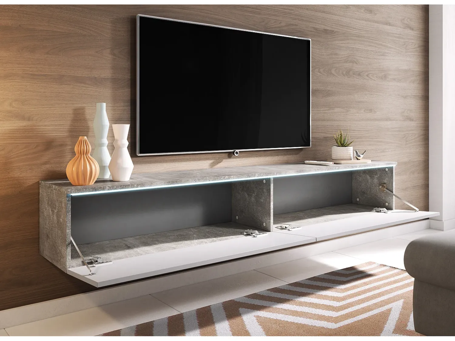 Móvel de TV moderno 180 cm para sala – 2 portas, sem puxadores, mate + brilho, de chão ou suspenso, betão smart / branco brilho^ Móvel De Tv
