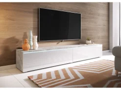 Móvel de TV moderno 180 cm para sala – 2 portas, sem puxadores, mate + brilho, de chão ou suspenso, betão smart / branco brilho^ Móvel De Tv