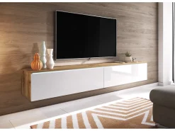 Hot Móvel de TV moderno 180 cm para sala – 2 portas, sem puxadores, mate + brilho, de chão ou suspenso, carvalho wotan / branco brilho Natural claro / Branco