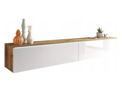 Hot Móvel de TV moderno 180 cm para sala – 2 portas, sem puxadores, mate + brilho, de chão ou suspenso, carvalho wotan / branco brilho Natural claro / Branco
