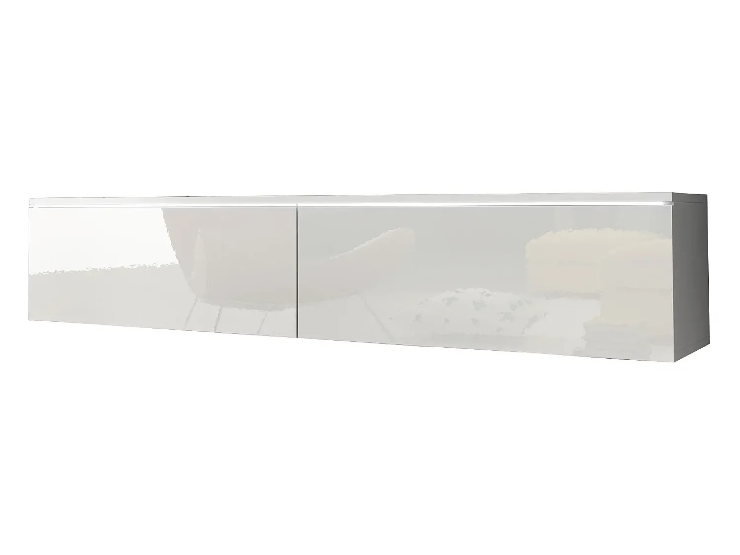 Móvel De Tv| Móvel de TV moderno 140 cm para sala – 2 portas sem puxadores, corpo mate / frentes brilho, de chão ou suspenso Branco