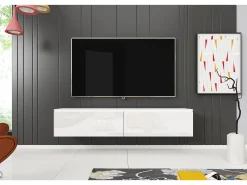 Móvel De Tv| Móvel de TV moderno 140 cm para sala – 2 portas sem puxadores, corpo mate / frentes brilho, de chão ou suspenso Branco