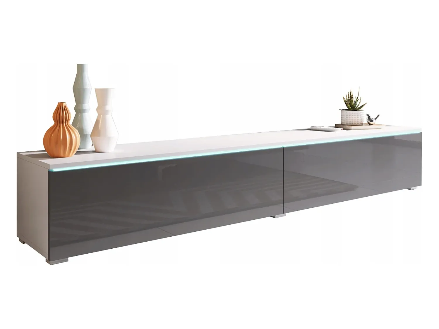 Móvel De Tv* Móvel de TV moderno 180 cm para sala – 2 portas, sem puxadores, mate + brilho, de chão ou suspenso, branco / cinzento brilho Cinza antracite / Branco