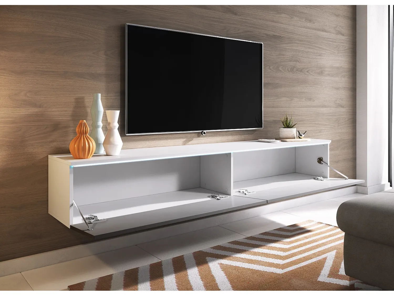 Móvel De Tv* Móvel de TV moderno 180 cm para sala – 2 portas, sem puxadores, mate + brilho, de chão ou suspenso, branco / cinzento brilho Cinza antracite / Branco