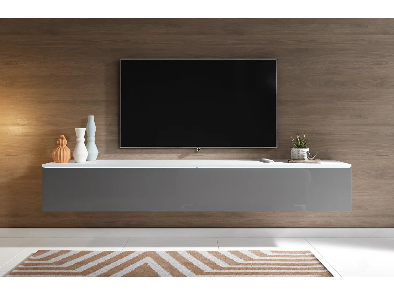 Móvel De Tv* Móvel de TV moderno 180 cm para sala – 2 portas, sem puxadores, mate + brilho, de chão ou suspenso, branco / cinzento brilho Cinza antracite / Branco