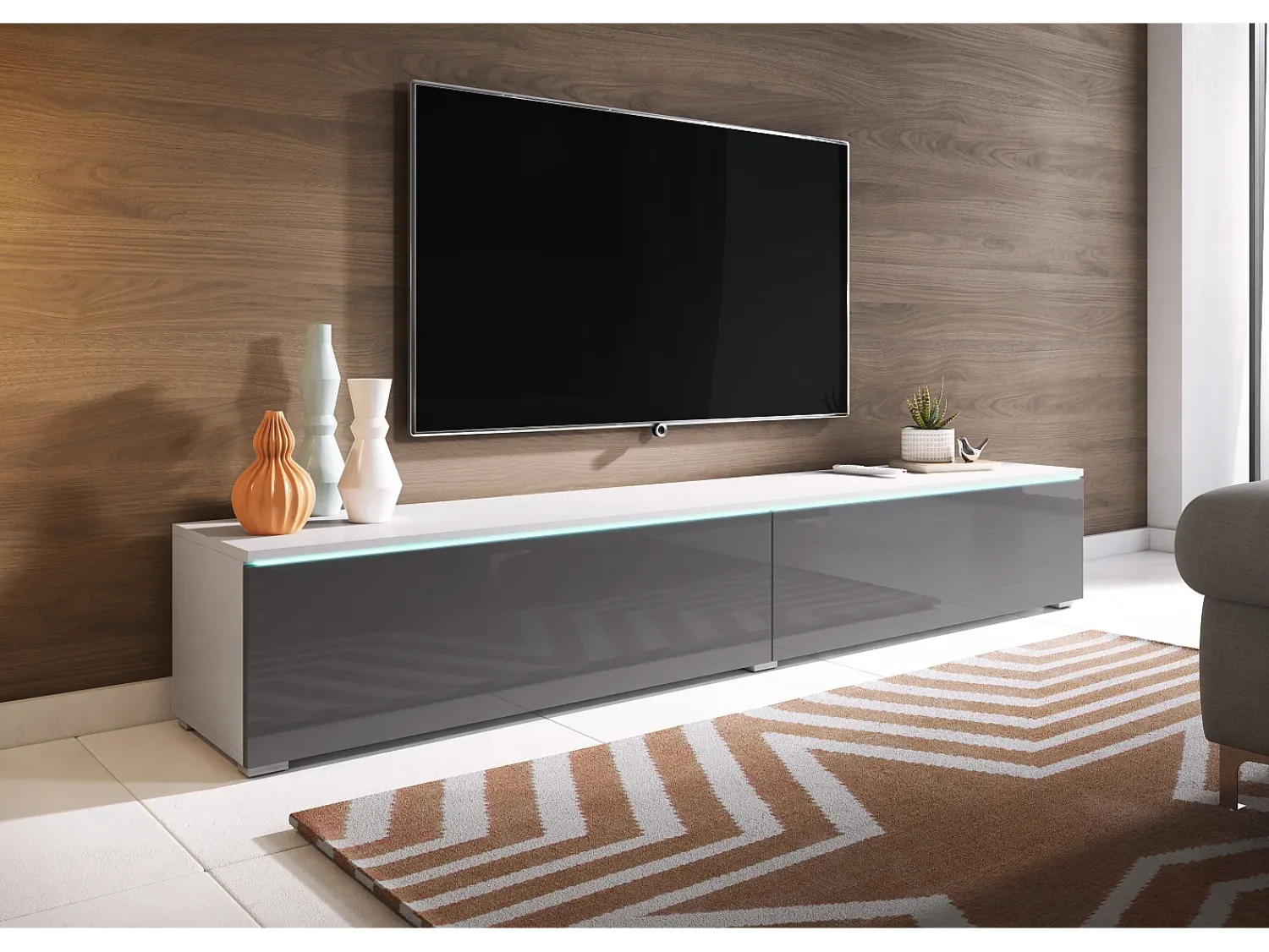Móvel De Tv* Móvel de TV moderno 180 cm para sala – 2 portas, sem puxadores, mate + brilho, de chão ou suspenso, branco / cinzento brilho Cinza antracite / Branco