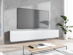 Móvel de TV moderno 180 cm para sala – 2 portas sem puxadores, acabamento mate, de chão ou suspenso, frentes em MDF ondulado mate^ Móvel De Tv