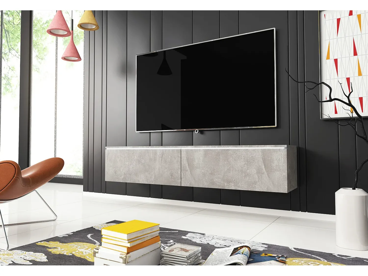 Móvel De Tv| Móvel de TV moderno 140 cm para sala – 2 portas sem puxadores, betão smart mate, de chão ou suspenso Cinzento