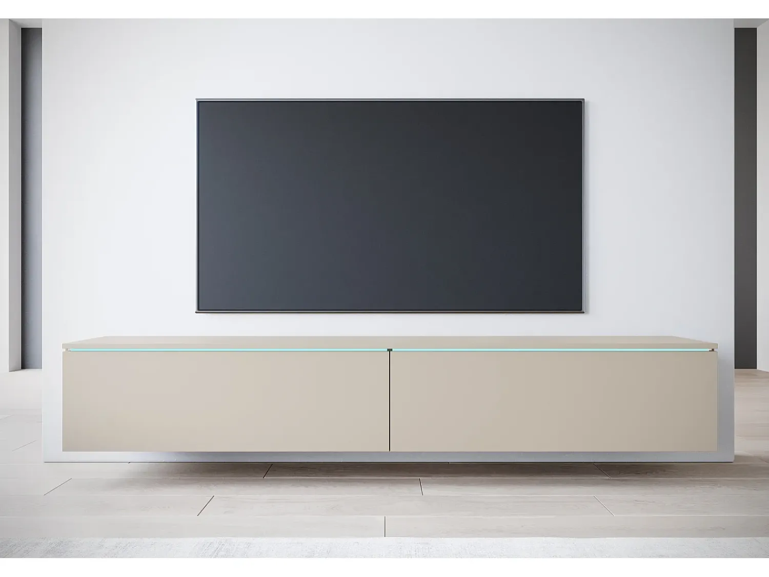 Discount Móvel de TV moderno 180 cm para sala com LED – 2 portas, sem puxadores, caxemira fosco, de chão ou suspenso Bege