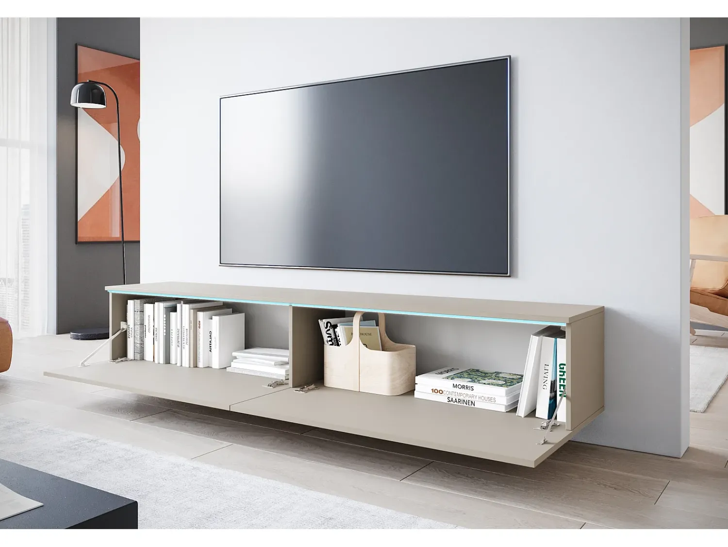 Discount Móvel de TV moderno 180 cm para sala com LED – 2 portas, sem puxadores, caxemira fosco, de chão ou suspenso Bege