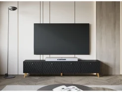 Clearance Móvel de TV moderno 190 cm mate, pés e puxadores dourados, frentes em MDF fresadas em losangos Preto