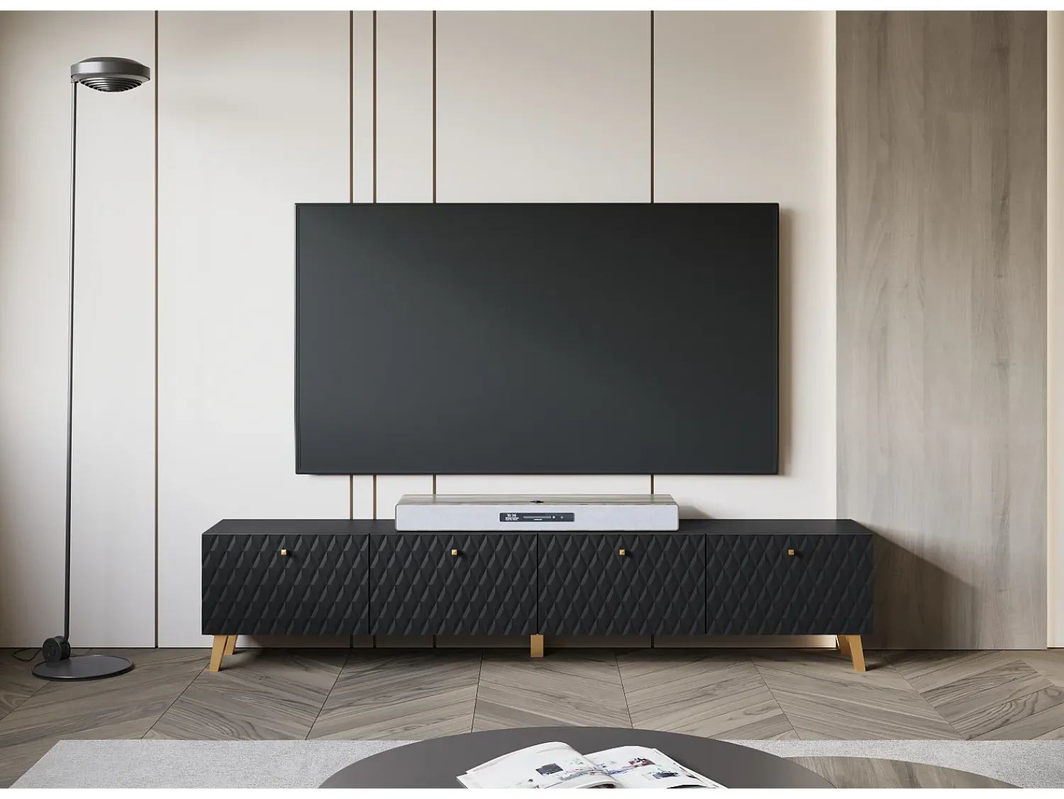 Clearance Móvel de TV moderno 190 cm mate, pés e puxadores dourados, frentes em MDF fresadas em losangos Preto