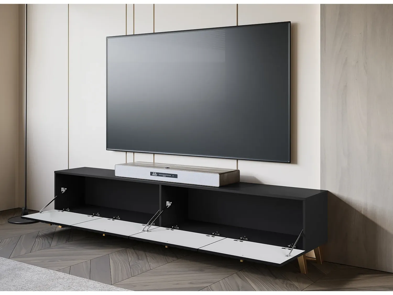 Clearance Móvel de TV moderno 190 cm mate, pés e puxadores dourados, frentes em MDF fresadas em losangos Preto