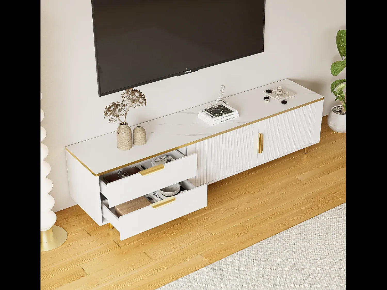 Clearance ModernLuxe Móvel de TV moderno - com 2 portas e 2 gavetas - pés de metal - Branco
