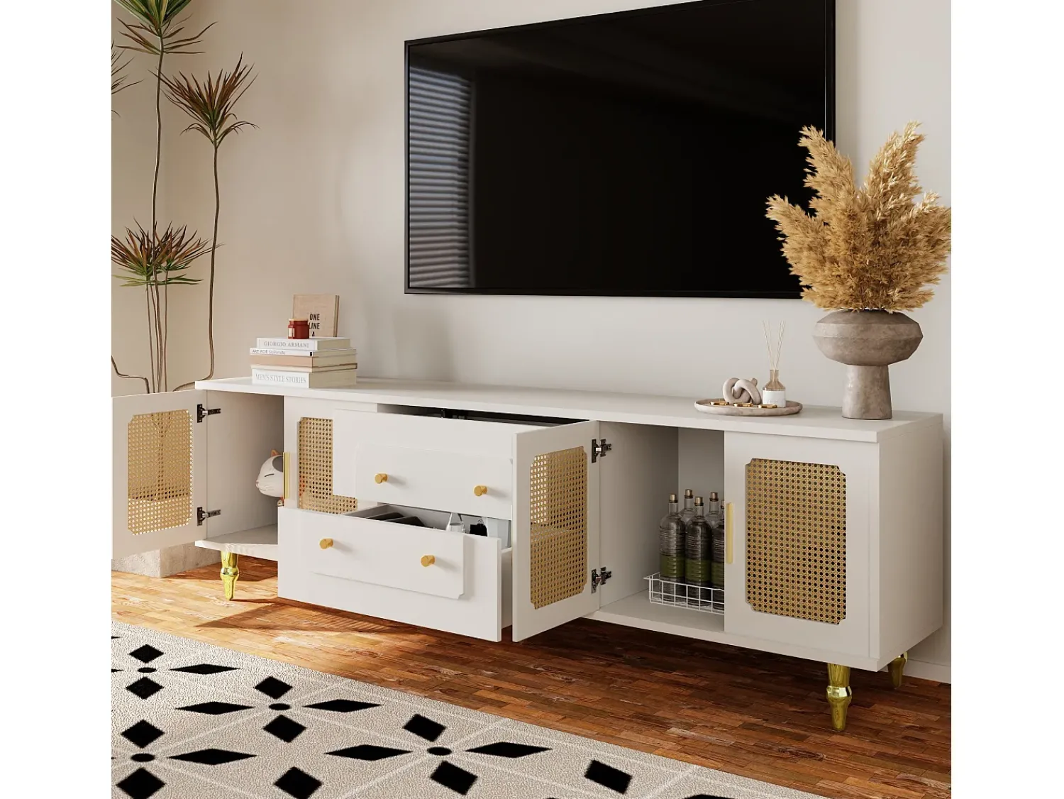 ModernLuxe Móvel de TV moderno - com portas de vime e 2 gavetas - pernas de metal -^ Móvel De Tv