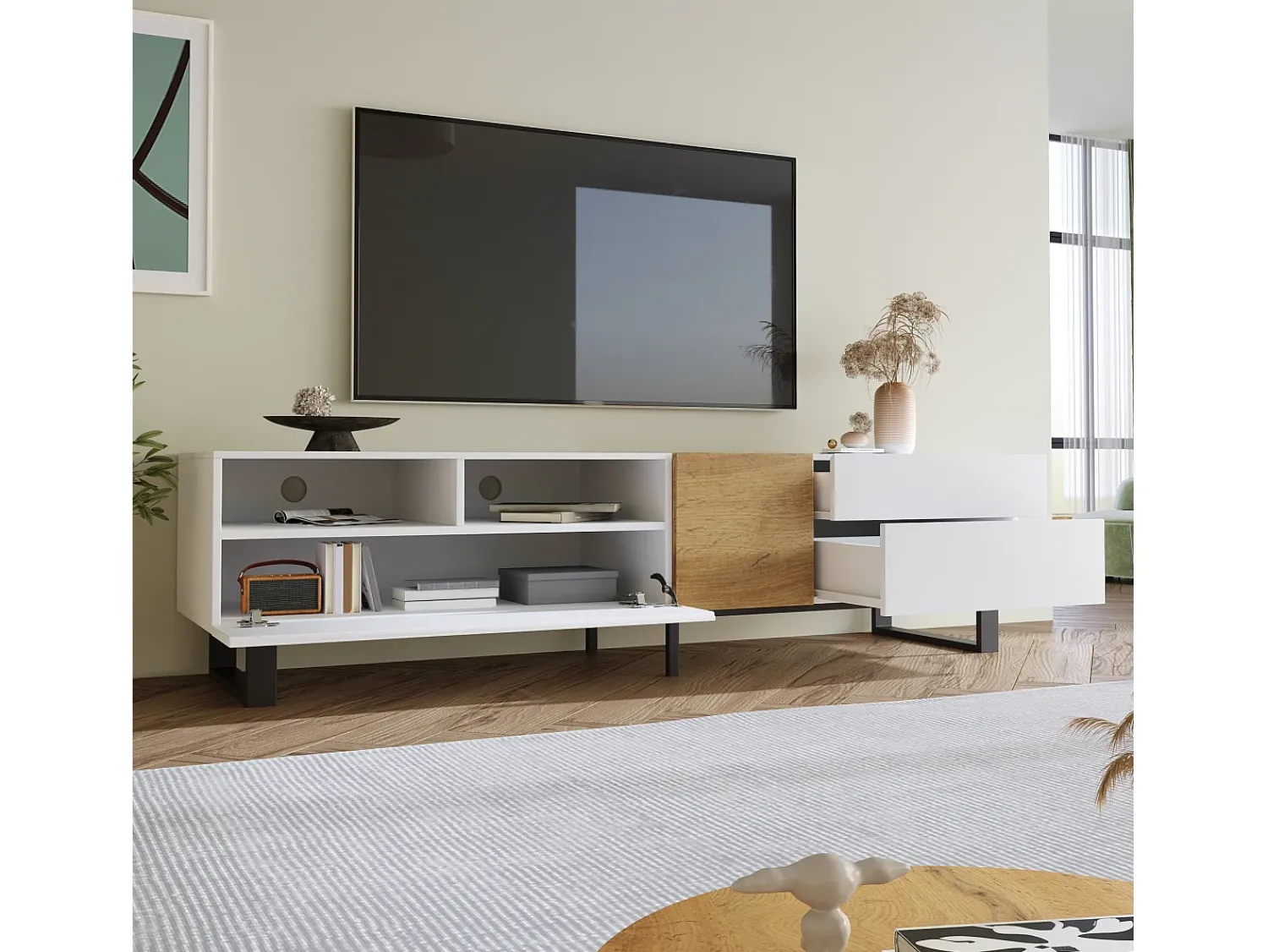 Hot Merax Móvel de TV moderno 2 gavetas, 2 compartimentos e 1 porta - 180 x 38 x 50 cm - MDF - Branco