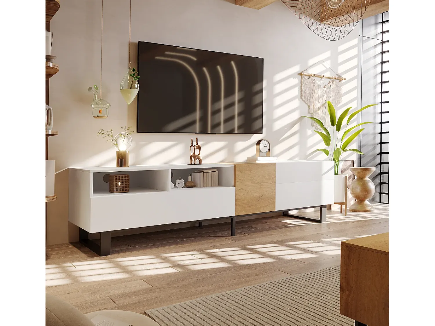 Hot Merax Móvel de TV moderno 2 gavetas, 2 compartimentos e 1 porta - 180 x 38 x 50 cm - MDF - Branco