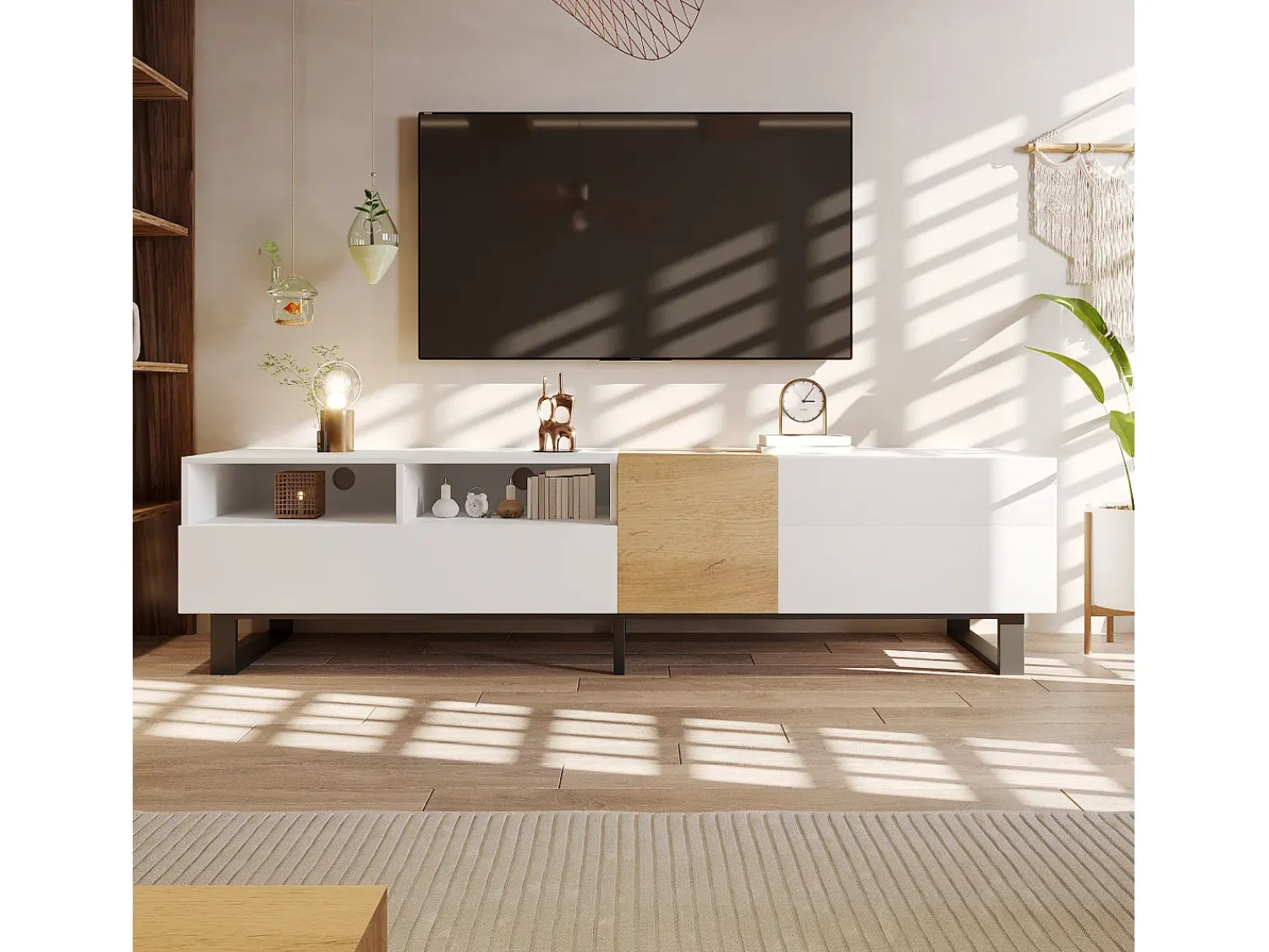 Hot Merax Móvel de TV moderno 2 gavetas, 2 compartimentos e 1 porta - 180 x 38 x 50 cm - MDF - Branco