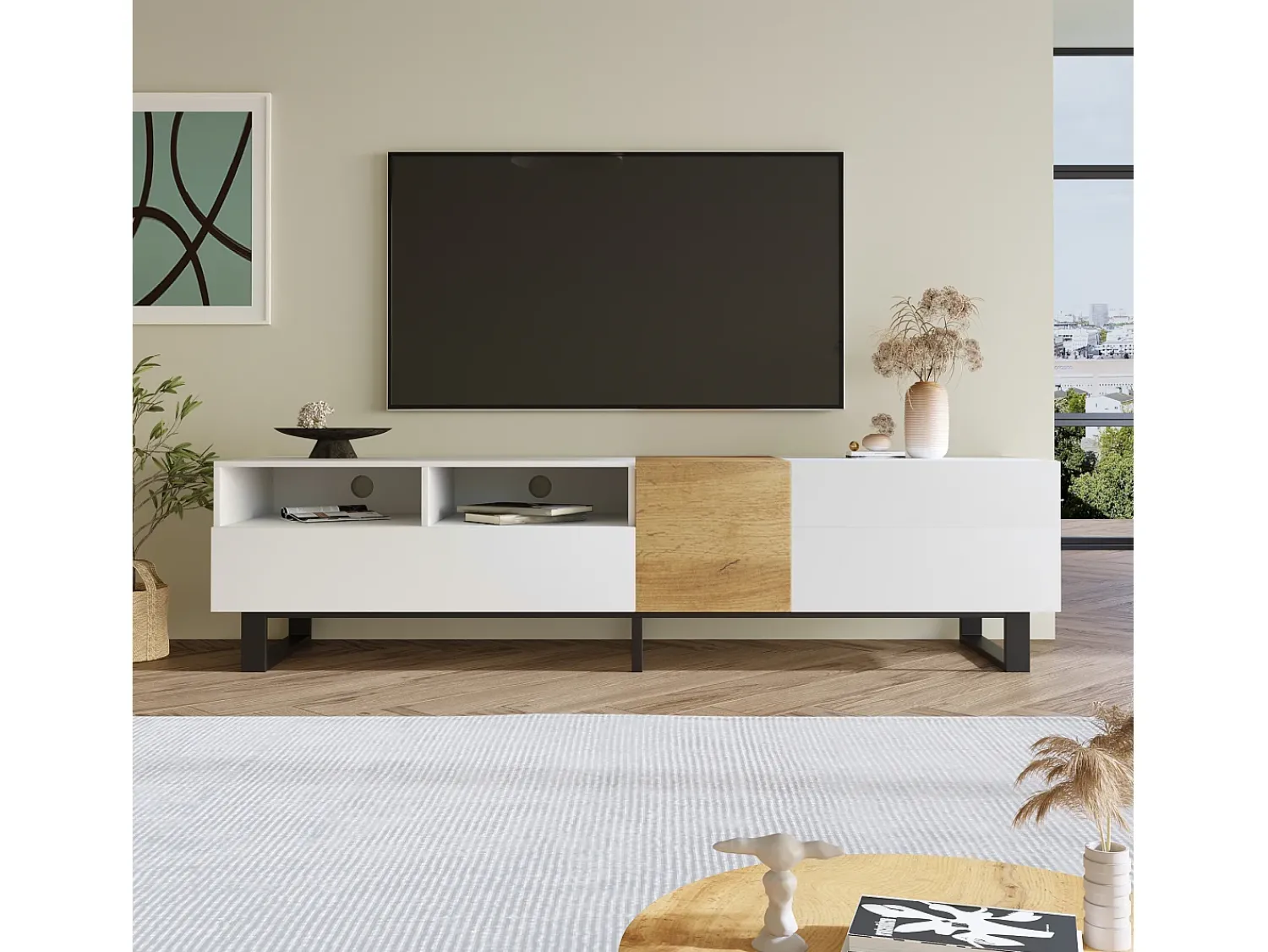 Hot Merax Móvel de TV moderno 2 gavetas, 2 compartimentos e 1 porta - 180 x 38 x 50 cm - MDF - Branco