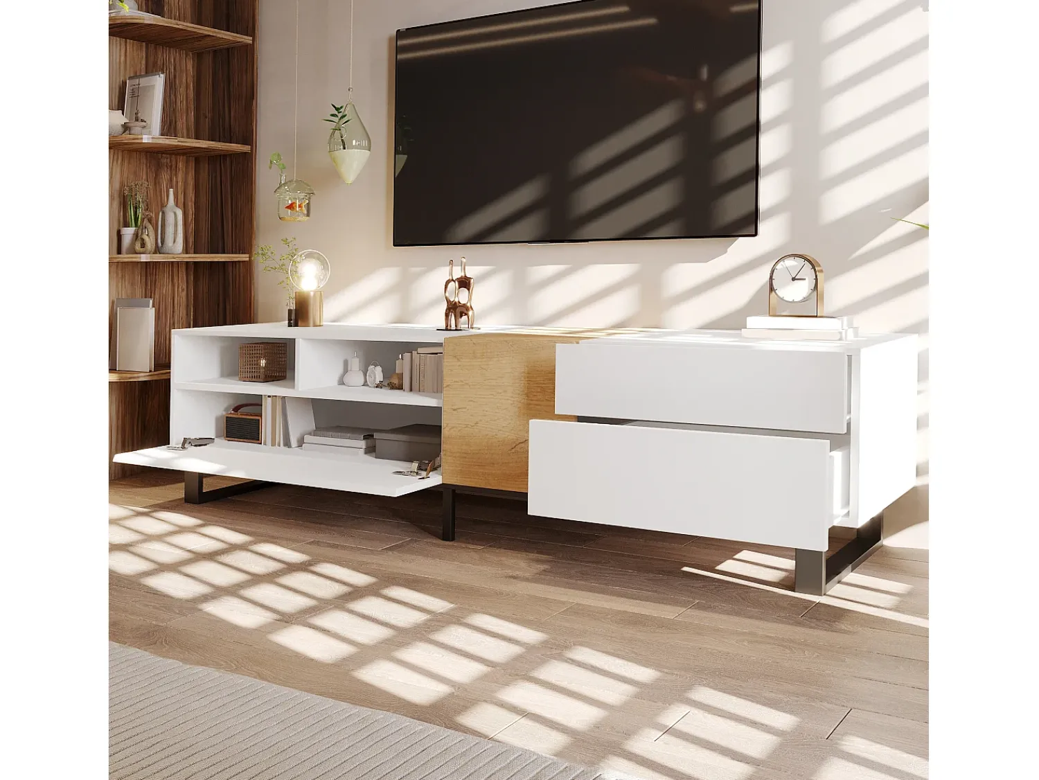 Hot Merax Móvel de TV moderno 2 gavetas, 2 compartimentos e 1 porta - 180 x 38 x 50 cm - MDF - Branco